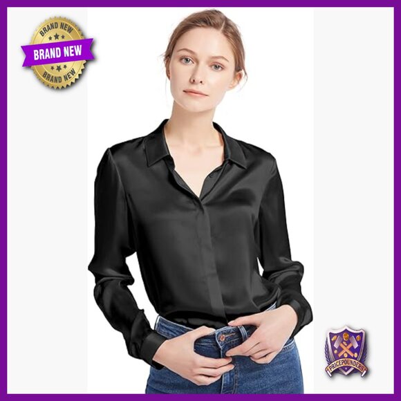 100% Silk Long Sleeve Button Down Blouse Classic Fit Work Casual
